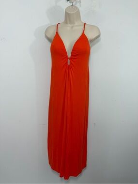Trina Turk Tunic Jersey Dress Long Beach Cover Up  Sz Large Orange Stretch